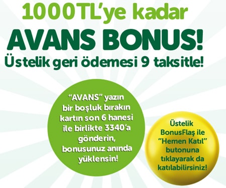 1000 TL'ye kadar Avans Bonus!<br/> ÜSTELİK GERİ ÖDEMESİ 9 TAKSİTLE!